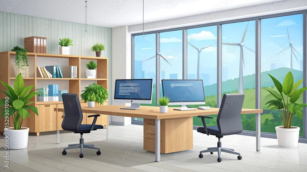 Modern Office with Scenic View: A bright and modern office space with a large window offering a stunning view, inviting natural light. The interior features desks, chairs, computers, and plants. Modern Office with Scenic View: A bright and modern office space with a large window offering a stunning view, inviting natural light. The interior features desks, chairs, computers, and plants.