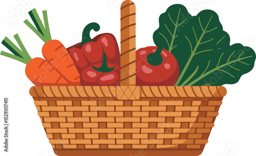 A wicker basket filled with fresh vegetables including carrots peppers tomatoes and greens