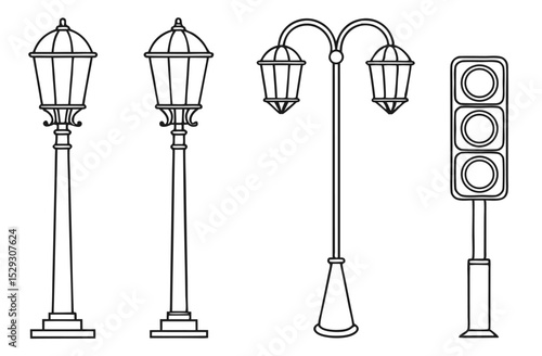 Street Lamp and Traffic Light Outline Icon Set – Urban Infrastructure Vectors