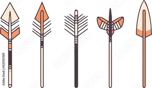 Set of five different boho arrows vector illustration isolated on white background for print web banner poster sticker card and textile design concept of hunting and tribal culture