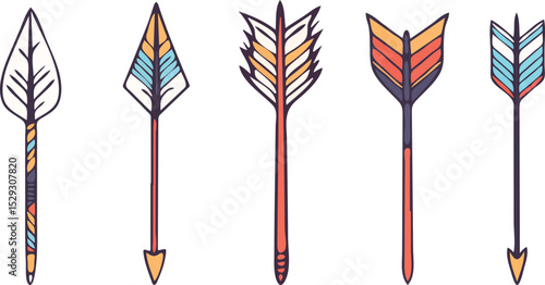 Five decorative arrows in boho style vector illustration isolated on white background concept for greeting card banner poster invitation sticker and boho design