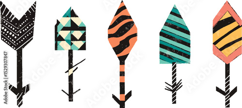 Set of five decorative arrows with different ornaments and textures vector illustration isolated on white background concept for print web design banner poster sticker card and textile design