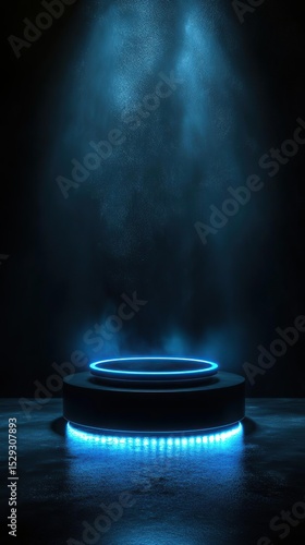 Mystical Blue Stage with Pedestal and Dramatic Lighting