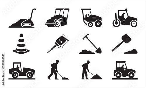 set features a collection of black silhouette icons representing various construction equipment and workers vector art on white