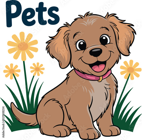 Adorable cartoon puppy with flowers and grass depicting pets and pet ownership