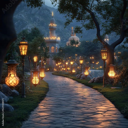 many lanterns lit up on the pathway to a castle