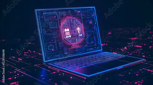 Glowing Neon Laptop with Digital Data Hologram