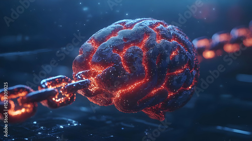 Glowing Red Brain Connected by a Fiery Chain in Dark Blue Space