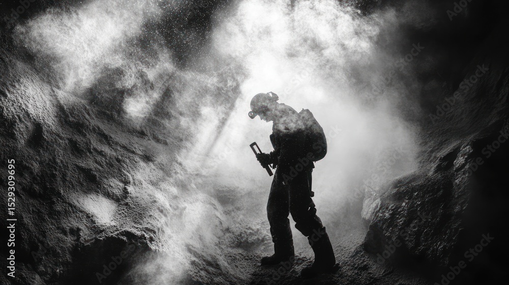 Fototapeta premium Silhouette of a spelunker exploring a smoky cave, holding a pickaxe.
