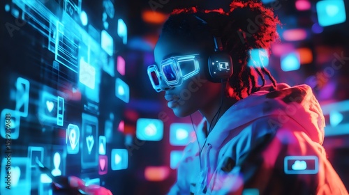 A young woman immersed in a vibrant virtual world, wearing neon glasses and headphones, surrounded by glowing digital icons