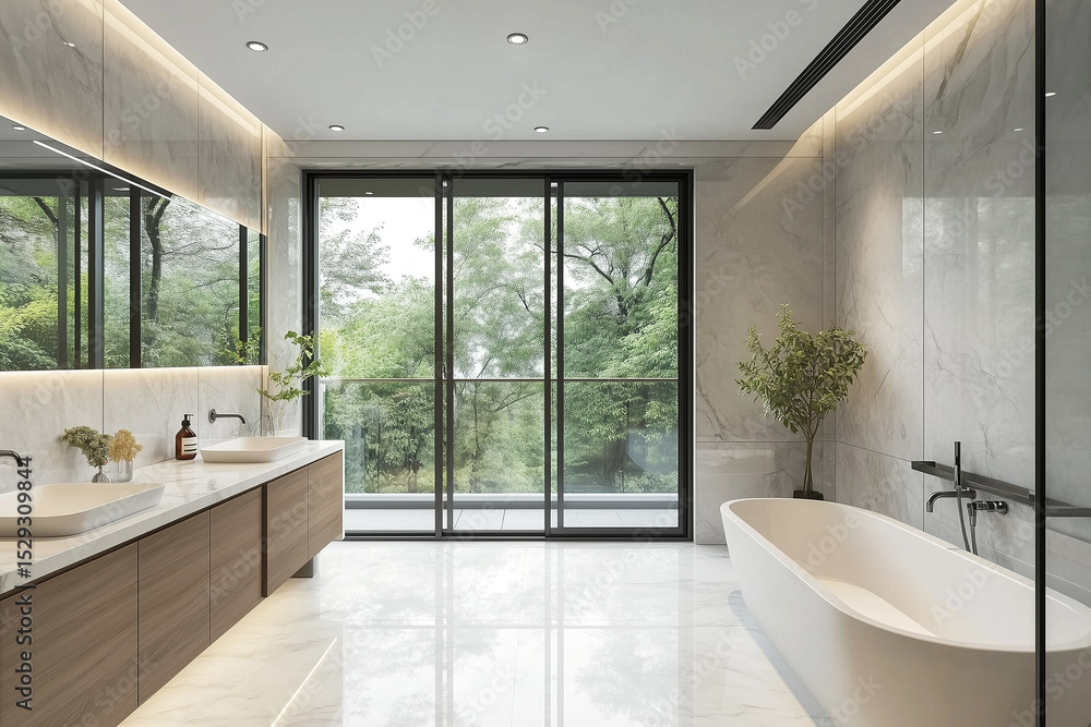 Luxury bathroom with marble accents and large glass windows overlooking nature Luxury bathroom with marble accents and large glass windows overlooking nature