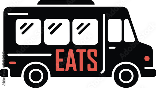 Flat illustration of a food truck displaying the word eats in a black and red design