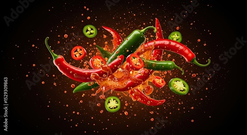 Explosive mix of vibrant red and green chili peppers, both whole and sliced, with a dynamic splash of spicy liquid