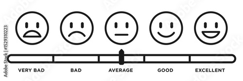 Feedback emoji slider evaluation system black vector. Isolated facial expression emoji face indicator on white background. Positive or negative review concept. Template illustration.