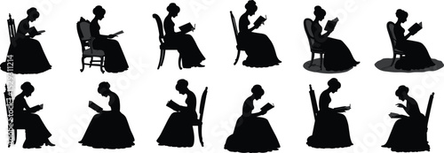 Vintage woman reading book silhouette, elegant lady seated vector set, classic literature illustration, black and white historical figure art

 flat vector illustration