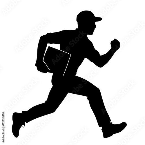 Courier man running with a box silhouette for delivery on a transparent background