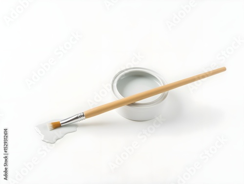 Paintbrush resting on white paint can, pristine white background highlights details For Social Media Post Size