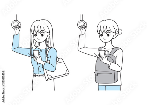 電車でスマホを見る女性のイラストセット