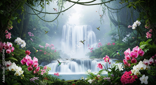 Multi-tiered waterfall over serene pool surrounded by vibrant flowers and hovering hummingbirds in a lush green forest