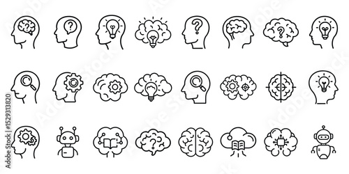 Mind, brain concept line icon set. Vector pictograms of mental processes, mindfulness, memory, cognitive, learning, creativity, problem-solving, development, abstract thinking thin linear illustration