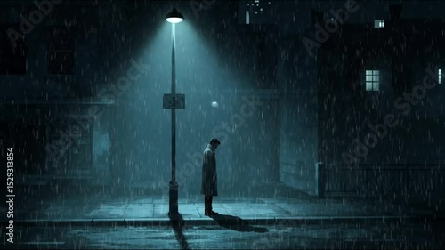 A lone figure stands pensively under streetlamp as rain pours down on dark, deserted city street at night.lofi style