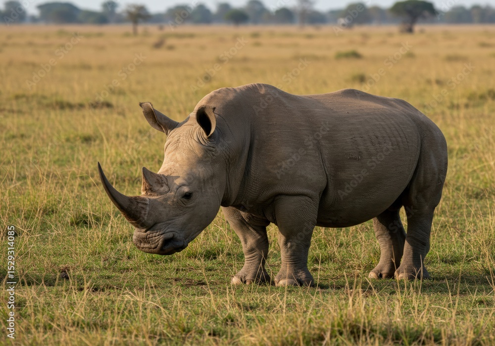 Obraz premium A majestic rhino stands tall in the golden light of the savannah—its thick hide and horn a powerful emblem of strength and endangered beauty.