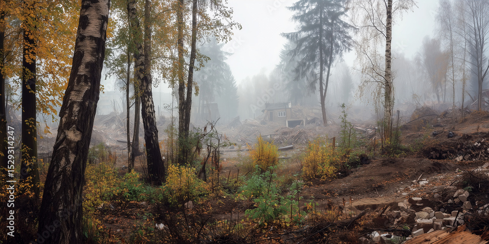 Fototapeta premium destroyed village edge with forest and crater scars
