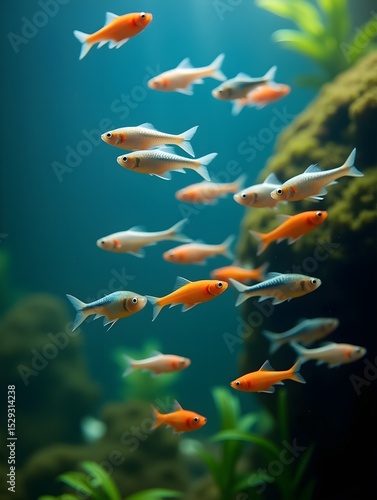 School of neon tetra fish swimming in aquarium
