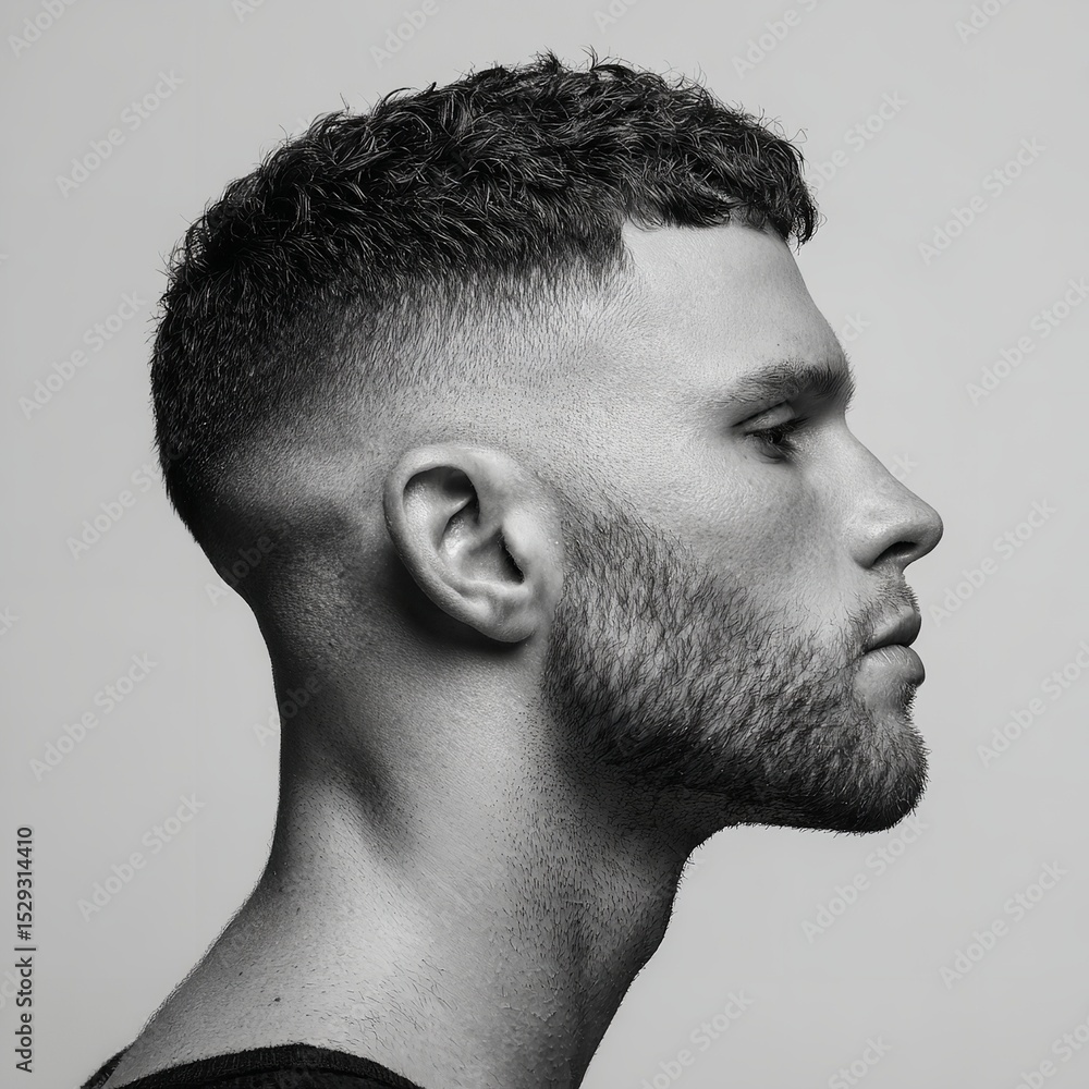 Obraz premium Man with fade haircut and beard in black and white portrait style for hair and beauty advertising