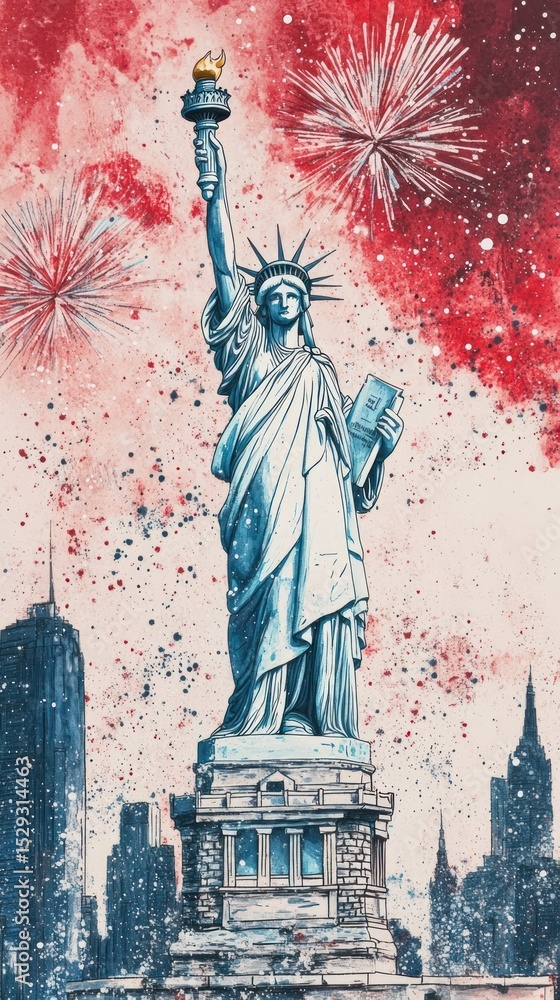 Fototapeta premium Statue fireworks landmark liberty.