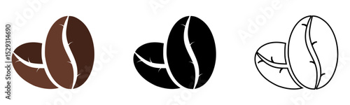 Coffee Bean Icon Set in Brown Black and Outline Styles for Branding