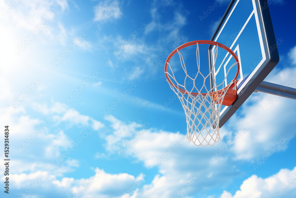 Close-up of a basketball hoop on a blue sky background, shot from a low angle. Close-up of a basketball hoop on a blue sky background, shot from a low angle.