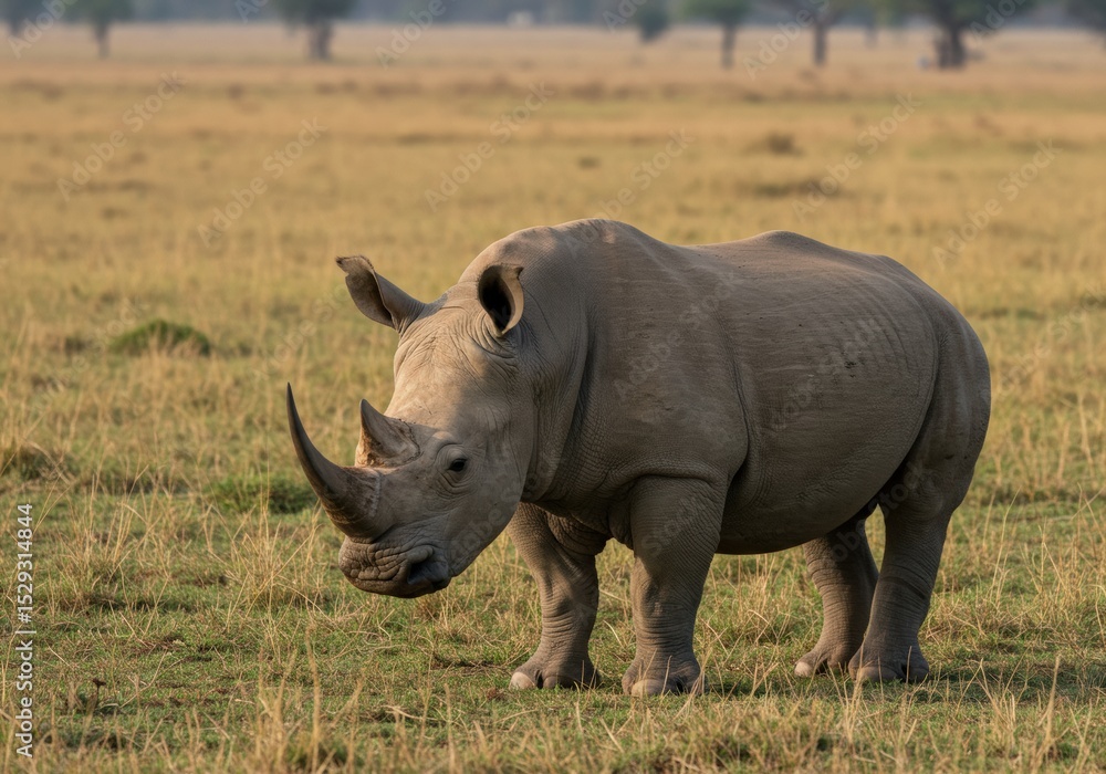 Obraz premium A majestic rhino stands tall in the golden light of the savannah—its thick hide and horn a powerful emblem of strength and endangered beauty.