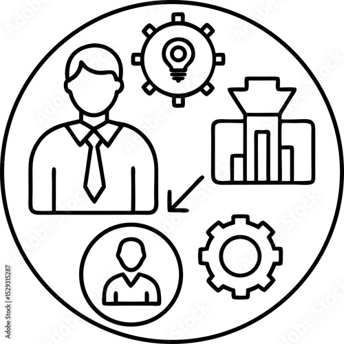Business process management illustration depicting teamwork and innovation within a circular framework for effective strategies.