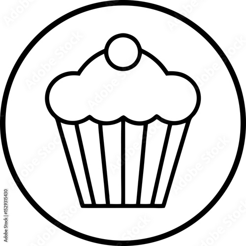 Simple black and white cupcake icon contained within a circle ideal for food themed designs or logos.
