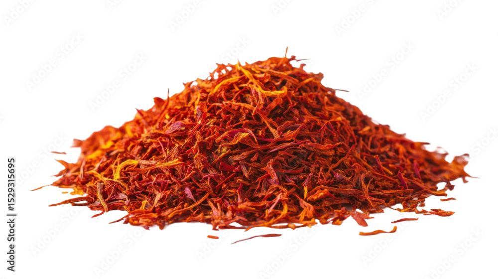 Fototapeta premium Organic saffron powder as aromatic spice with rich color and fine texture isolated on white background