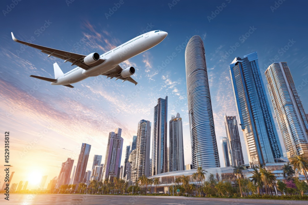 Naklejka premium High-rise buildings against a vibrant sunset sky with an airplane flying overhead. Skyline silhouettes and warm colors in the urban landscape.