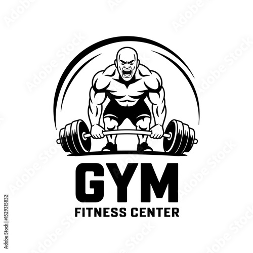 Muscular Man Lifting Barbell Gym Logo – Fitness Center Emblem, Workout Bodybuilding Badge Vector