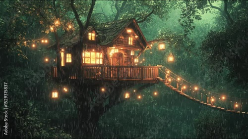 In a lush forest during rain shower, whimsical treehouse glows warmly, connected by rope bridge adorned with fairy lights.