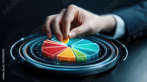 A hand interacts with a colorful pie chart, representing data analysis and decision-making in a digital context.