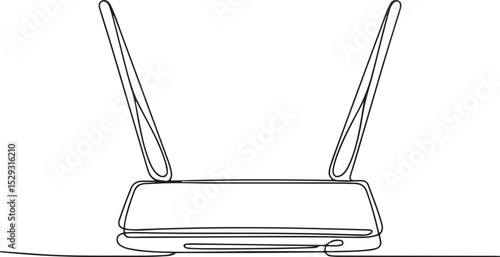 Continuous line drawing of a wireless router with antennas and cables in minimalist black and white single line art style

