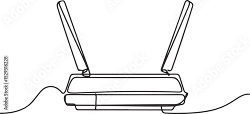 Continuous line drawing of a wireless router with antennas and cables in minimalist black and white single line art style

