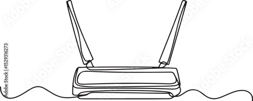 Continuous line drawing of a wireless router with antennas and cables in minimalist black and white single line art style

