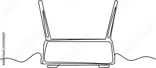Continuous line drawing of a wireless router with antennas and cables in minimalist black and white single line art style

