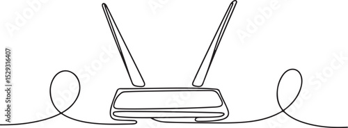 Continuous line drawing of a wireless router with antennas and cables in minimalist black and white single line art style

