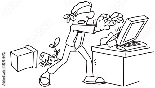 Blindfolded man trying to use a computer at the office
