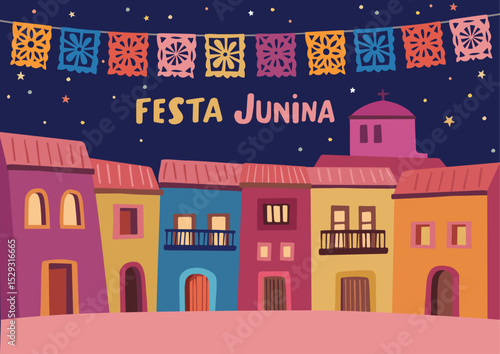 Festa junina, Brazilian june party greeting card, invitation. Sao Joao Latin American holiday. Papel picado bunting flags garland, houses stars. Vector illustration background, web banner, flat design