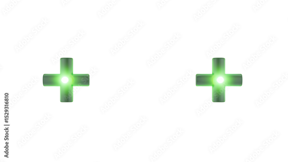 Fototapeta premium Green plus signs glowing with light on a black background graphic art on transparent background