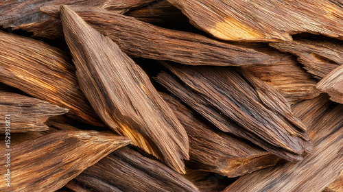 Close-up of dark brown agarwood (oud) chips under warm lighting. Ideal for premium aromatherapy, Middle Eastern tradition, or spa product stock