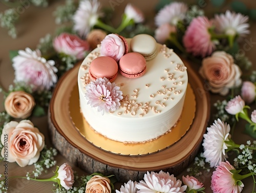 A beautifully decorated cake with macaroons on a rustic wooden board surrounded